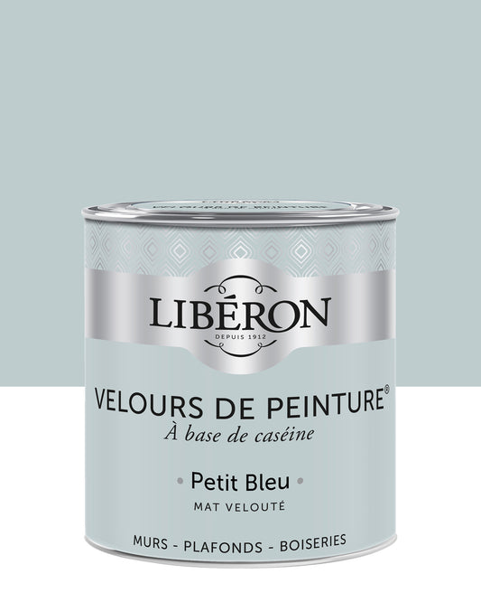 Pot de peinture murs Libéron Velours de Peinture, teinte Petit Bleu, finition mate veloutée.