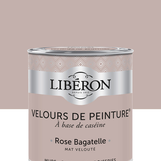 Pot de peinture murs Libéron Velours de Peinture, teinte Rose Bagatelle, finition mate veloutée.