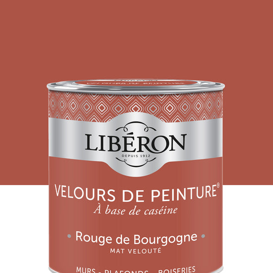Pot de peinture murs Libéron Velours de Peinture, teinte Rouge de Bourgogne, finition mate veloutée.