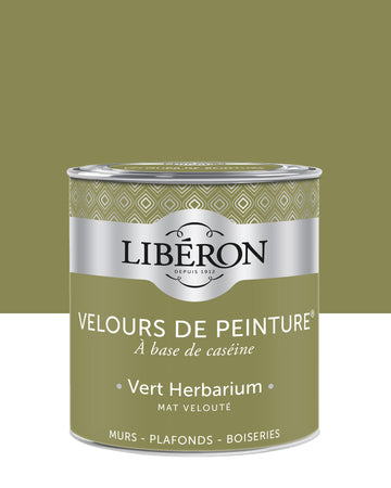 Pot de peinture murs Libéron Velours de Peinture, teinte Vert Herbarium, finition mate veloutée.