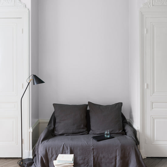 Salon aux murs blanc chiffon, Velours de Peinture Libéron, avec canapé gris, portes blanches et parquet clair.
