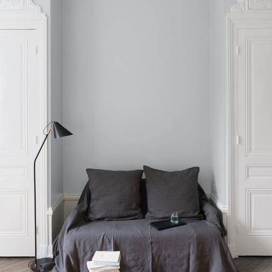 Salon aux murs blanc dépoli, Velours de Peinture Libéron, avec canapé gris, portes blanches et parquet clair.