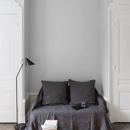 Salon aux murs blanc grisaille, Velours de Peinture Libéron, avec canapé gris, portes blanches et parquet clair.