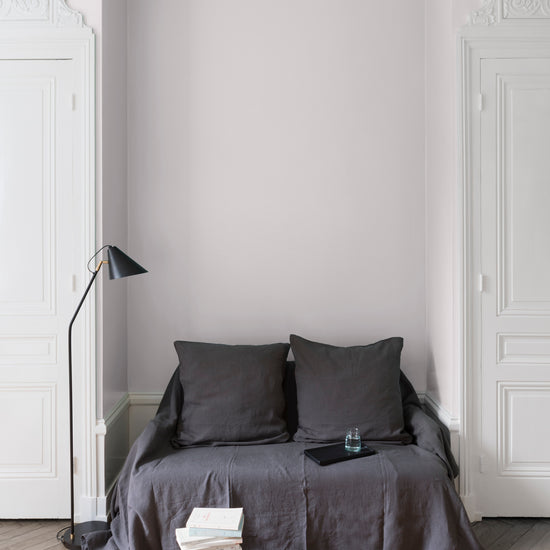Salon aux murs blanc pâtisson, Velours de Peinture Libéron, avec canapé gris, portes blanches et parquet clair.