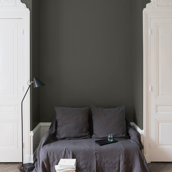 Salon aux murs Gris Fer Forgé, Velours de Peinture Libéron, avec canapé gris, portes blanches et parquet clair.