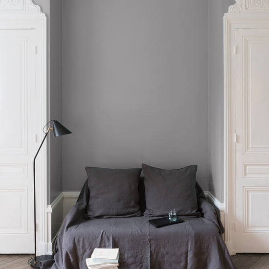 Salon aux murs Gris Jolie Brise, Velours de Peinture Libéron, avec canapé gris, portes blanches et parquet clair.