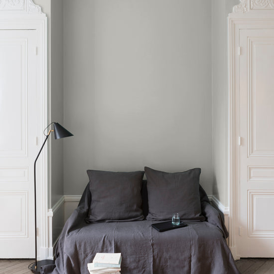 Salon aux murs blancs, peinture Velours de Peinture Gris Pleurote Libéron, avec portes blanches et textiles gris.