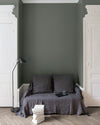 Salon aux murs gris, peinture Velours de Peinture Gris Plomb Libéron avec portes blanches et textiles gris.