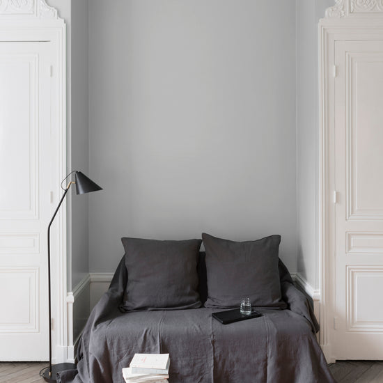 Salon aux murs Gris Sarrazin, Velours de Peinture Libéron, avec canapé gris, portes blanches et parquet clair.