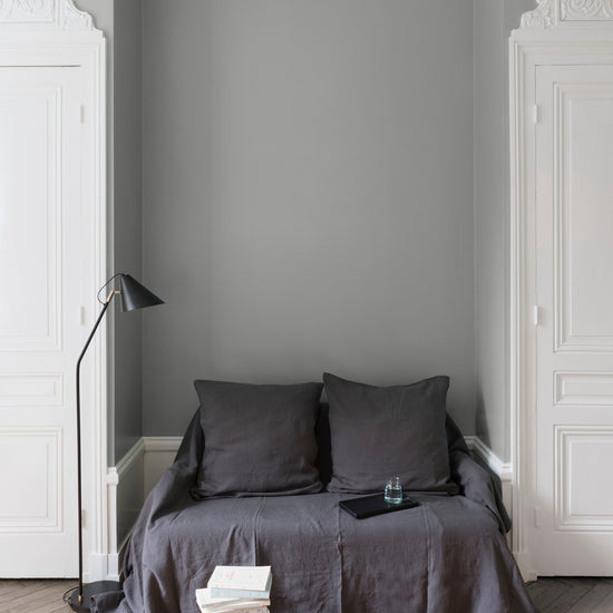 Salon aux murs Gris Temps de Pluie, Velours de Peinture Libéron, avec canapé gris, portes blanches et parquet clair.