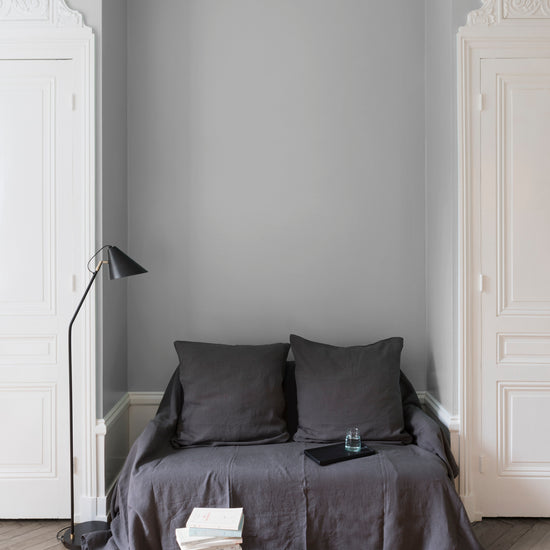 Salon aux murs Lumière d'Opale, Velours de Peinture Libéron, avec canapé gris, portes blanches et parquet clair.