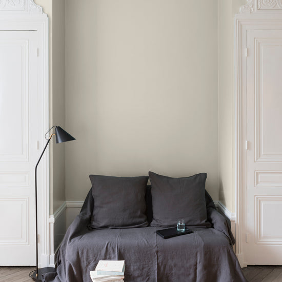 Salon aux murs gris, peinture Velours de Peinture Monnaie du Pape Libéron avec portes blanches et textiles gris.