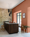 Cuisine lumineuse avec un mur en pierre, et murs oranges, peinture Velours de Peinture Terre Cuite d'Anjou Libéron, et îlot central en bois