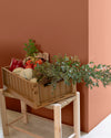 Mur terre cuite d’Anjou, Velours de Peinture Libéron, avec cagette de légumes, herbes et tabouret en bois.