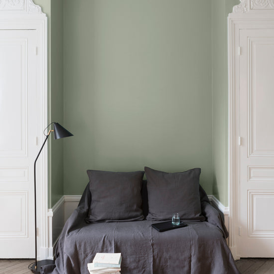 Salon aux murs Vert Sauge, Velours de Peinture Libéron, avec canapé gris, portes blanches et parquet clair.