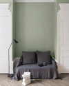 Salon aux murs Vert Sauge, Velours de Peinture Libéron, avec canapé gris, portes blanches et parquet clair.