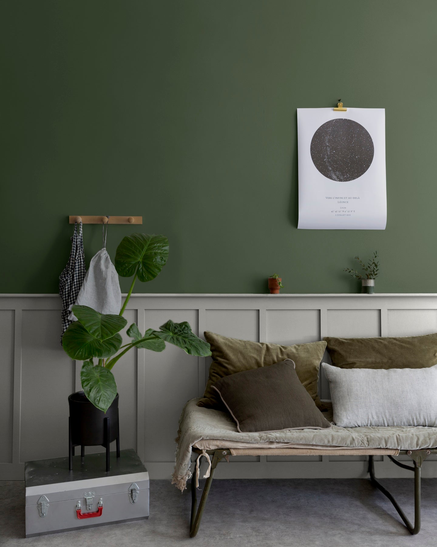 Salon aux murs vert treillis et gris sarrazin Libéron, avec banquette basse, plante verte et soubassement gris.