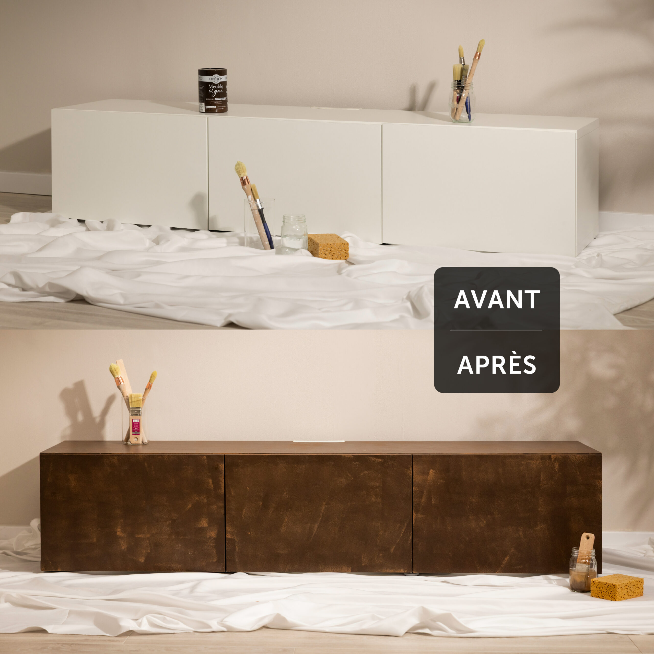 Deux visuels d'une commode avant avoir été peinte et après avoir été peinte avec la Peinture Libéron Effet Oxydé de la gamme Meuble Signé en teinte Rouille