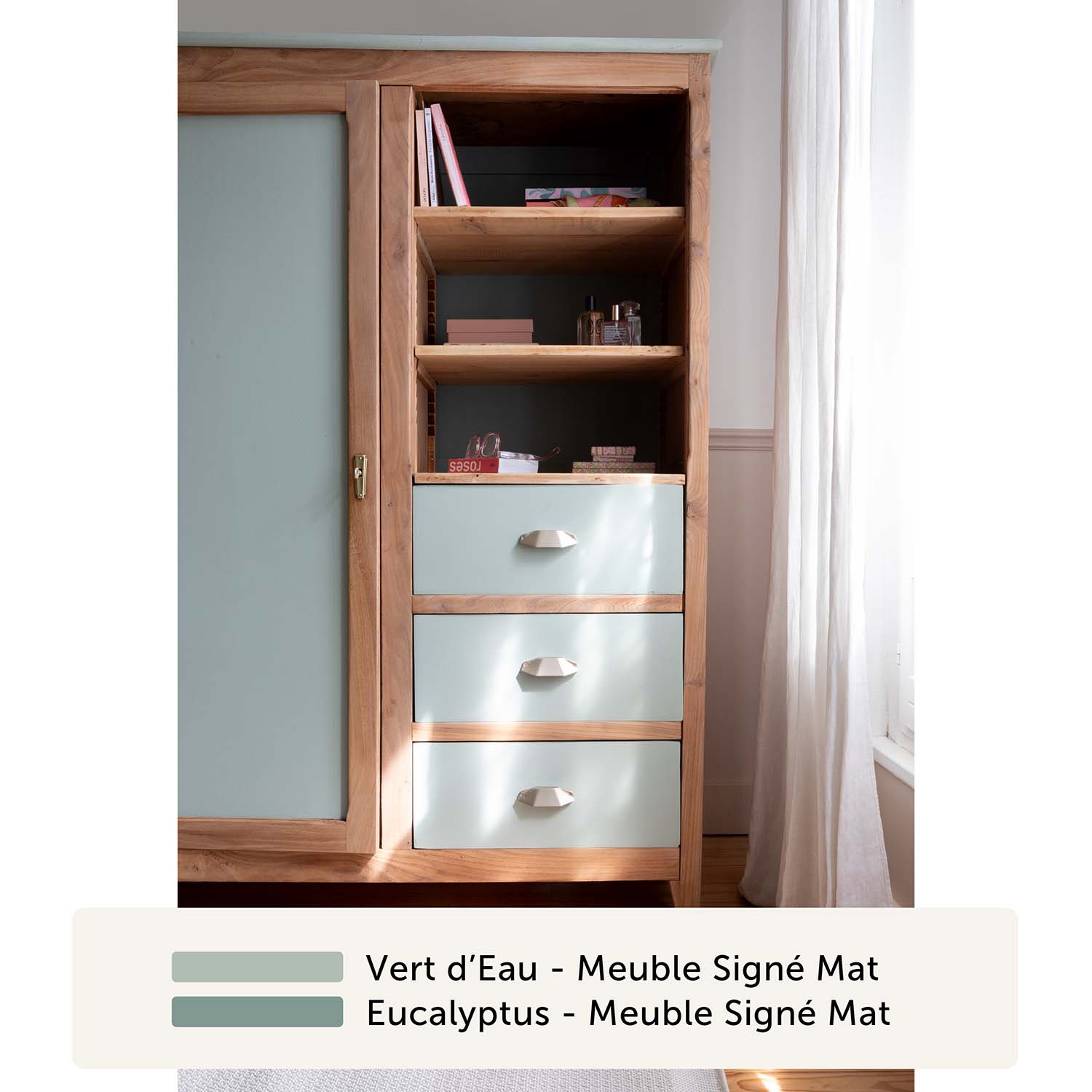 Libéron - Meuble Signé - Peinture Mat Caséine - Associations - 1 Association de couleurs, Eucalyptus de la gamme Libéron Meuble Signé Mat et Vert d'Eau de la gamme Libéron Meuble Signé Mat