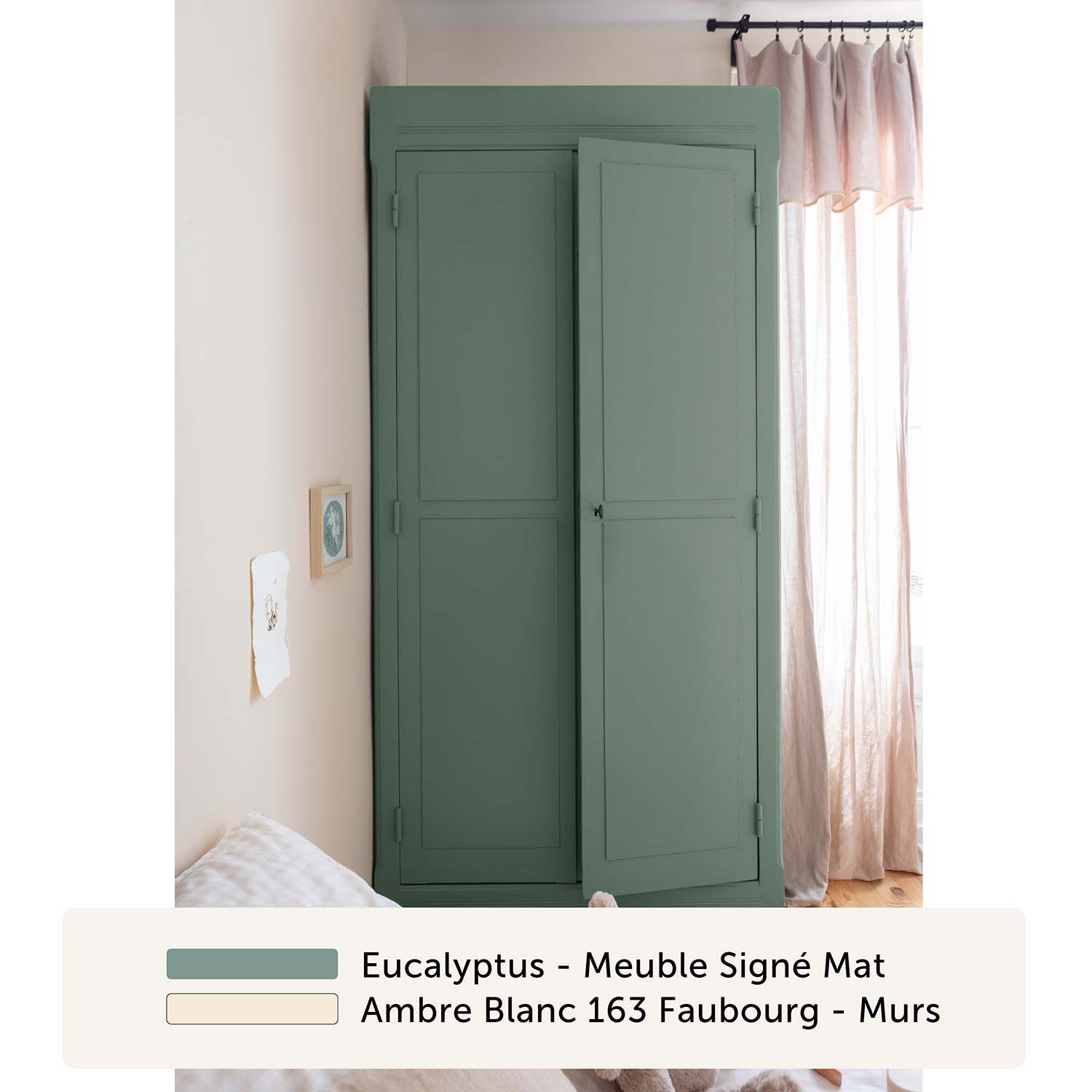 Libéron - Meuble Signé - Peinture Mat Caséine - Associations - 5 Association de couleurs, Eucalyptus de la gamme Libéron Meuble Signé Mat et Ambre Blanc de la gamme Libéron 163 Faubourg