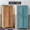 Deux visuels d'un placard avant avoir été peint et après avoir été peint avec la Peinture Mat Meuble Signé Libéron en couleur Belle Ile