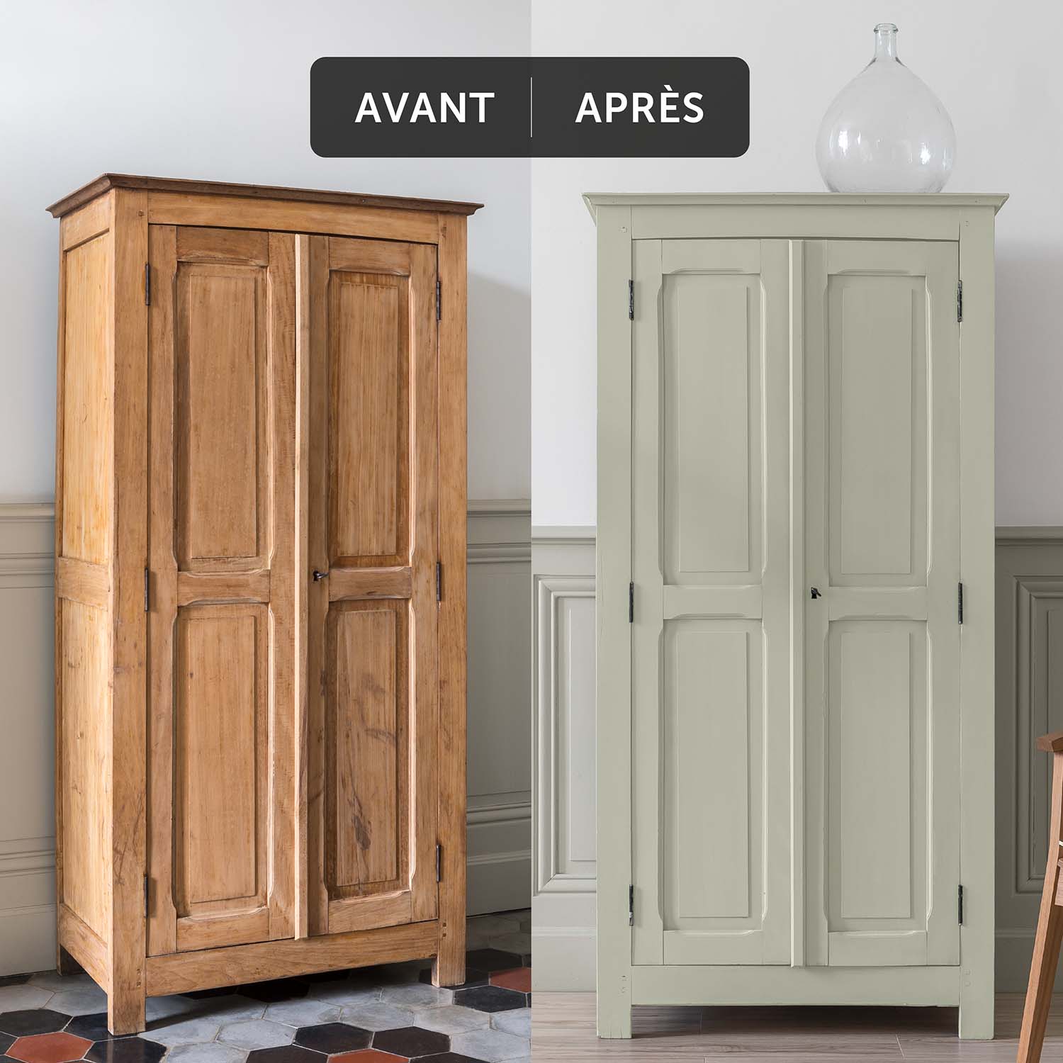 Deux visuels d'un placard avant avoir été peint et après avoir été peint avec la Peinture Mat Meuble Signé Libéron en couleur Blanc Lichen