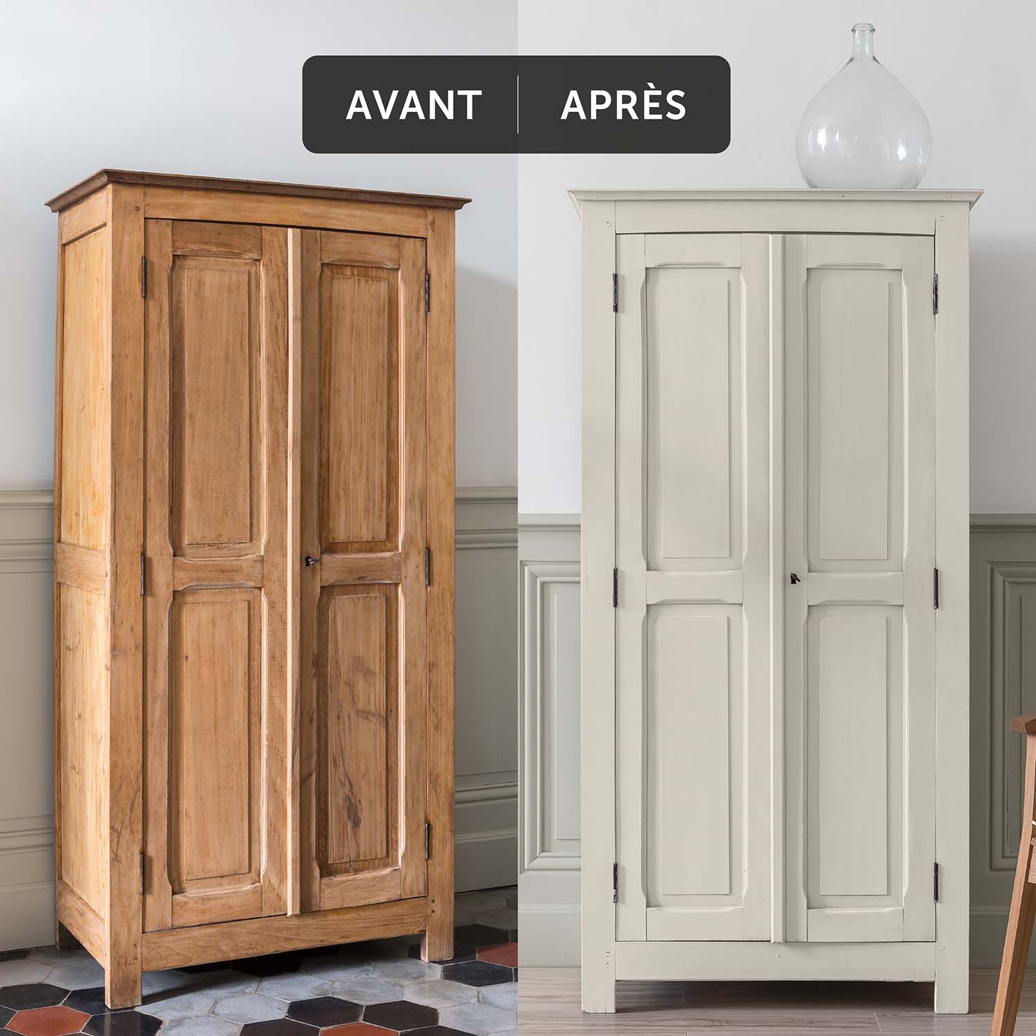 Deux visuels d'un placard avant avoir été peint et après avoir été peint avec la Peinture Mat Meuble Signé Libéron en couleur Blanc Plume