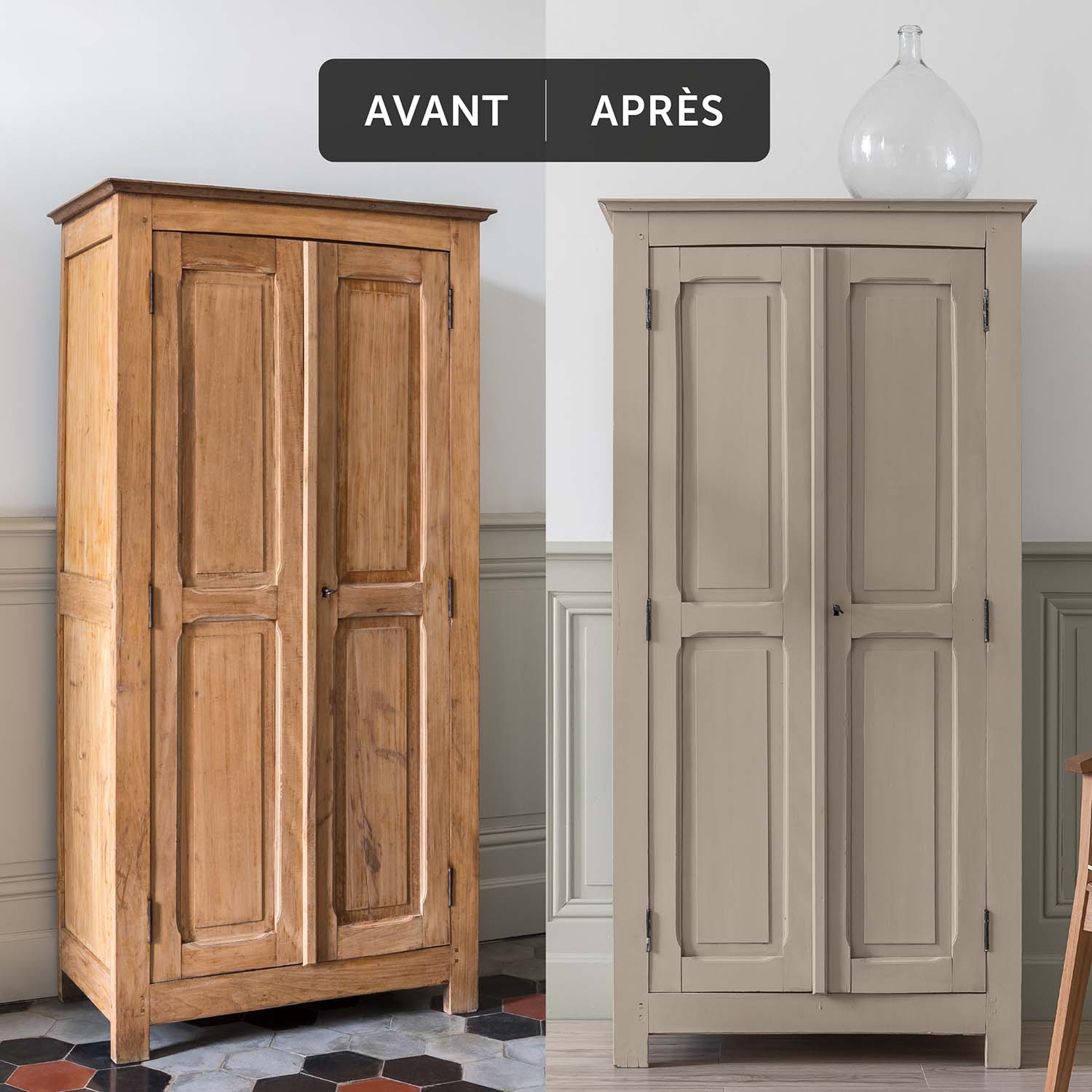 Deux visuels d'un placard avant avoir été peint et après avoir été peint avec la Peinture Mat Meuble Signé Libéron en couleur Bord de Seine