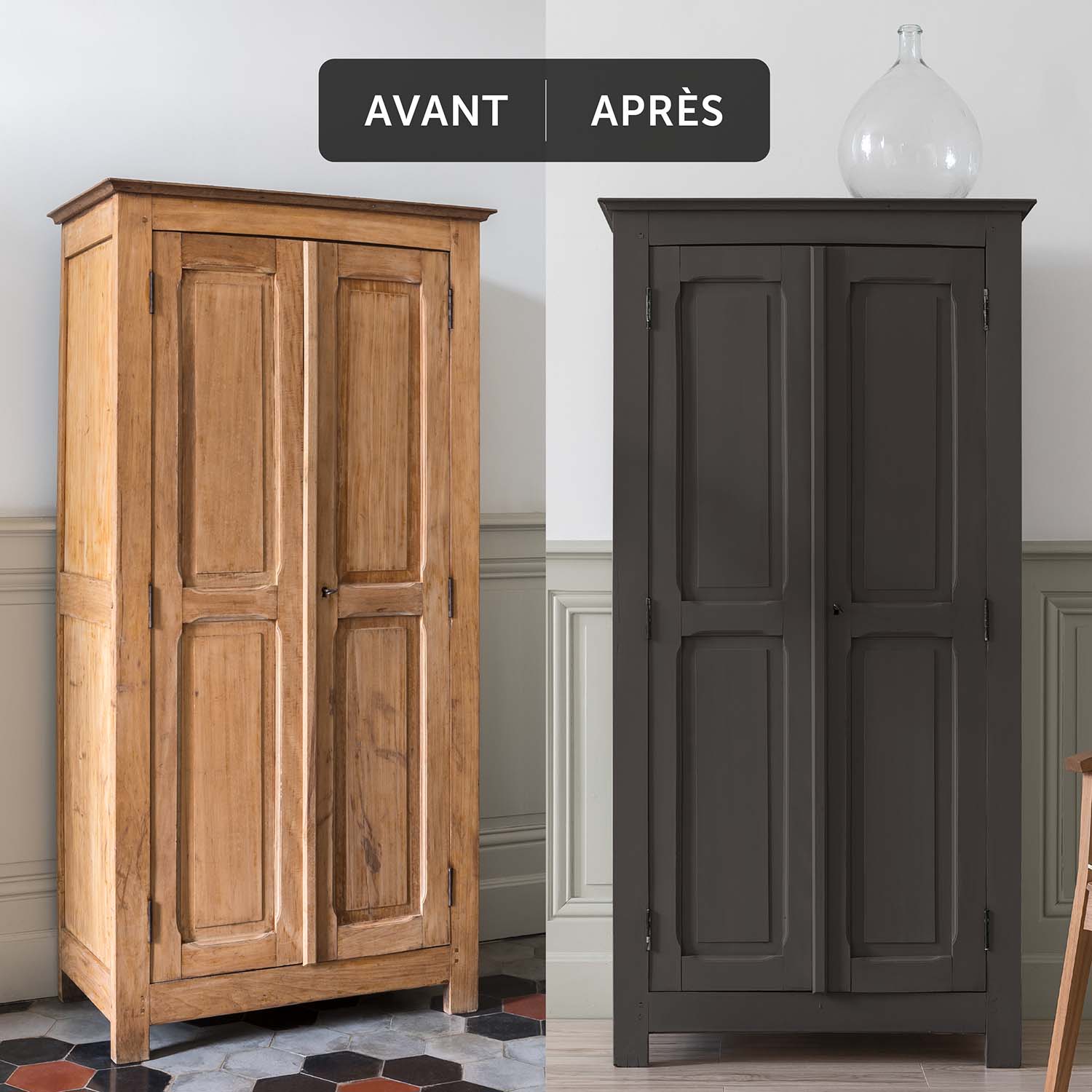 Deux visuels d'un placard avant avoir été peint et après avoir été peint avec la Peinture Mat Meuble Signé Libéron en couleur Cendre