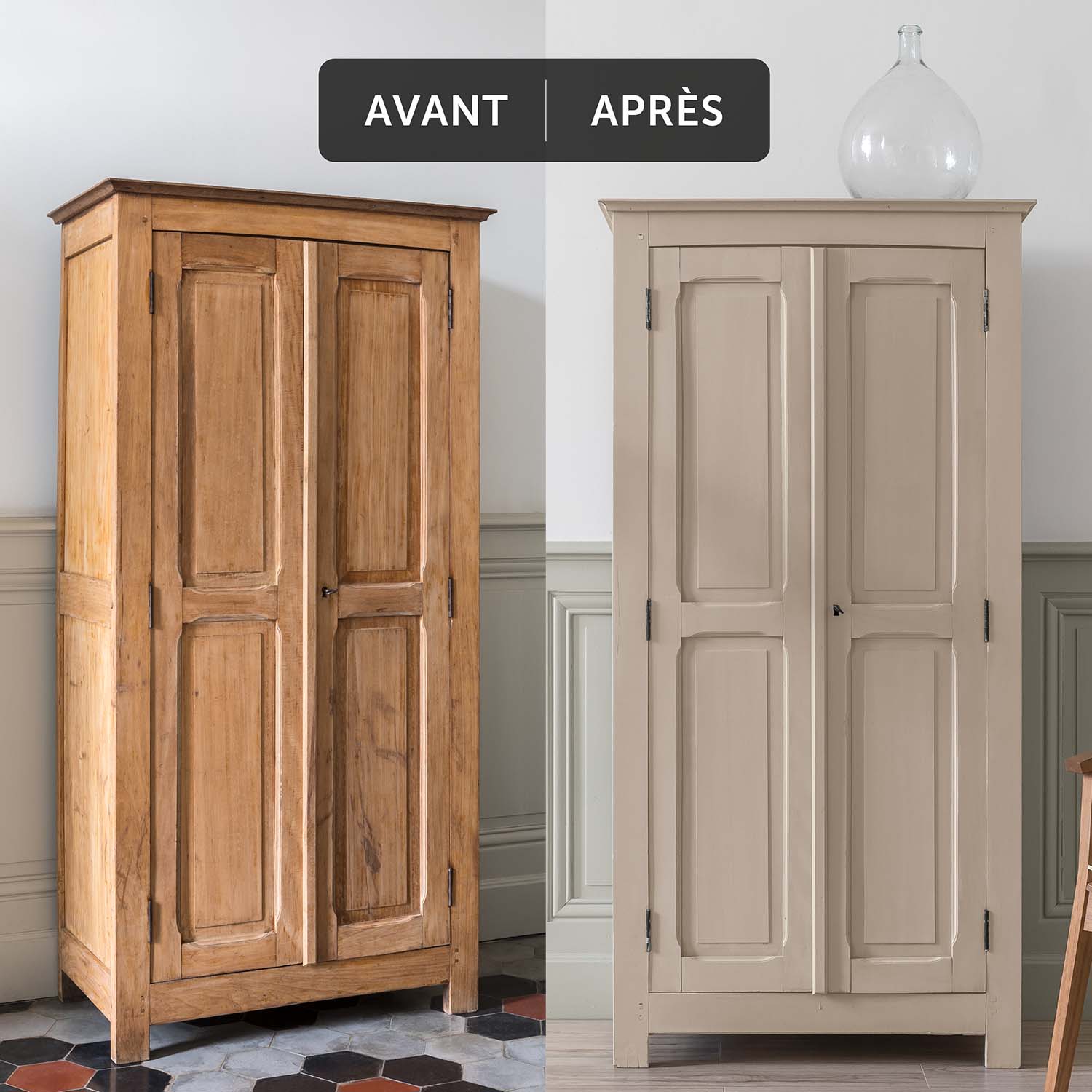 Deux visuels d'un placard avant avoir été peint et après avoir été peint avec la Peinture Mat Meuble Signé Libéron en couleur Champignon