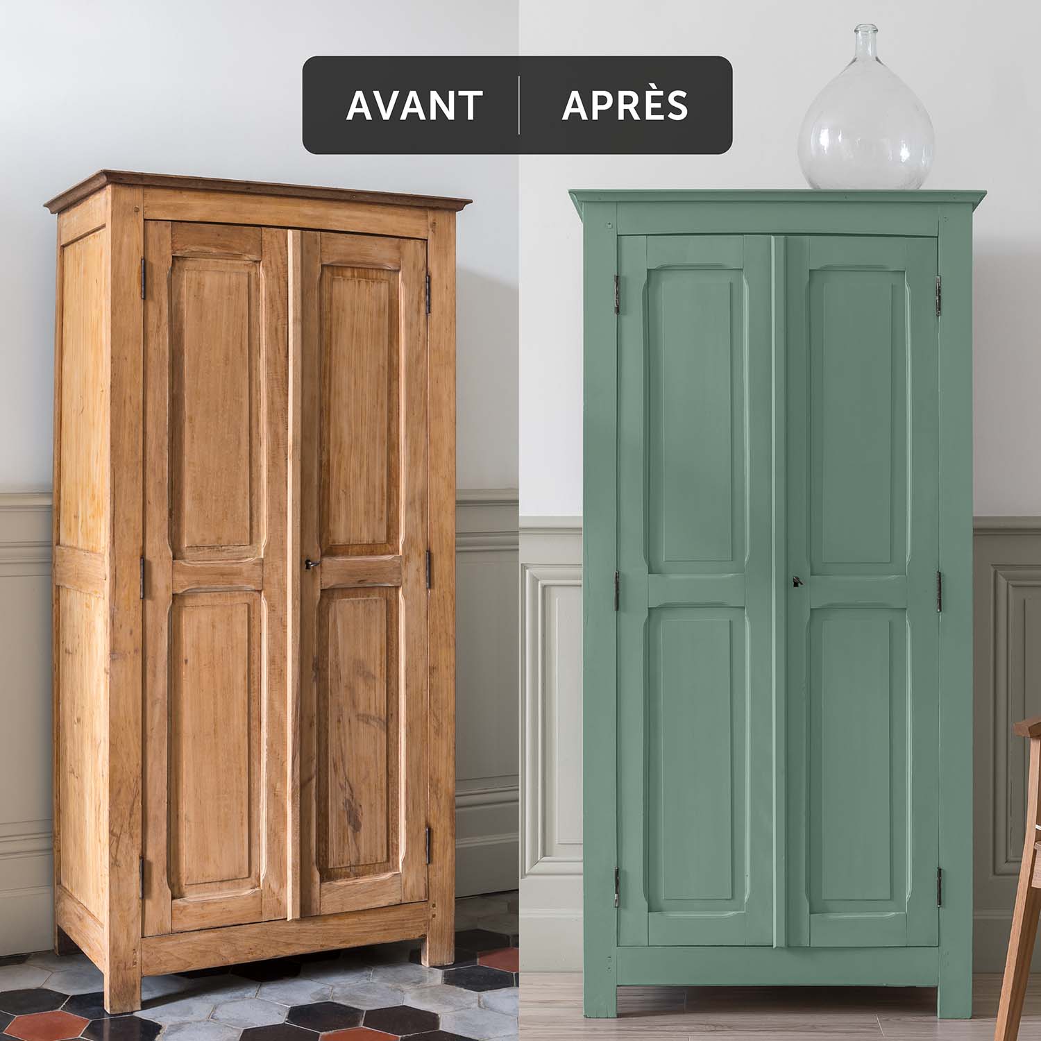 Libéron - Meuble Signé - Peinture Mat Caséine - Avant-Apres - Eucalyptus Deux visuels d'un placard avant avoir été peint et après avoir été peint avec la Peinture Mat Meuble Signé Libéron en couleur Eucalyptus