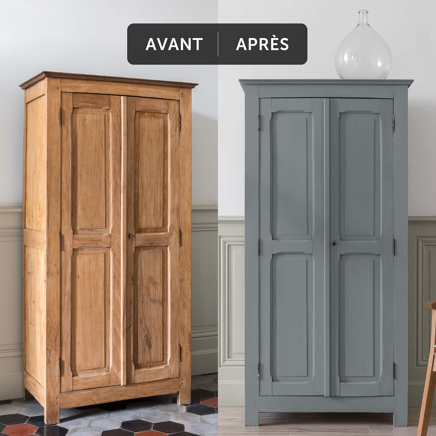 Deux visuels d'un placard avant avoir été peint et après avoir été peint avec la Peinture Mat Meuble Signé Libéron en couleur Gris Gustavien