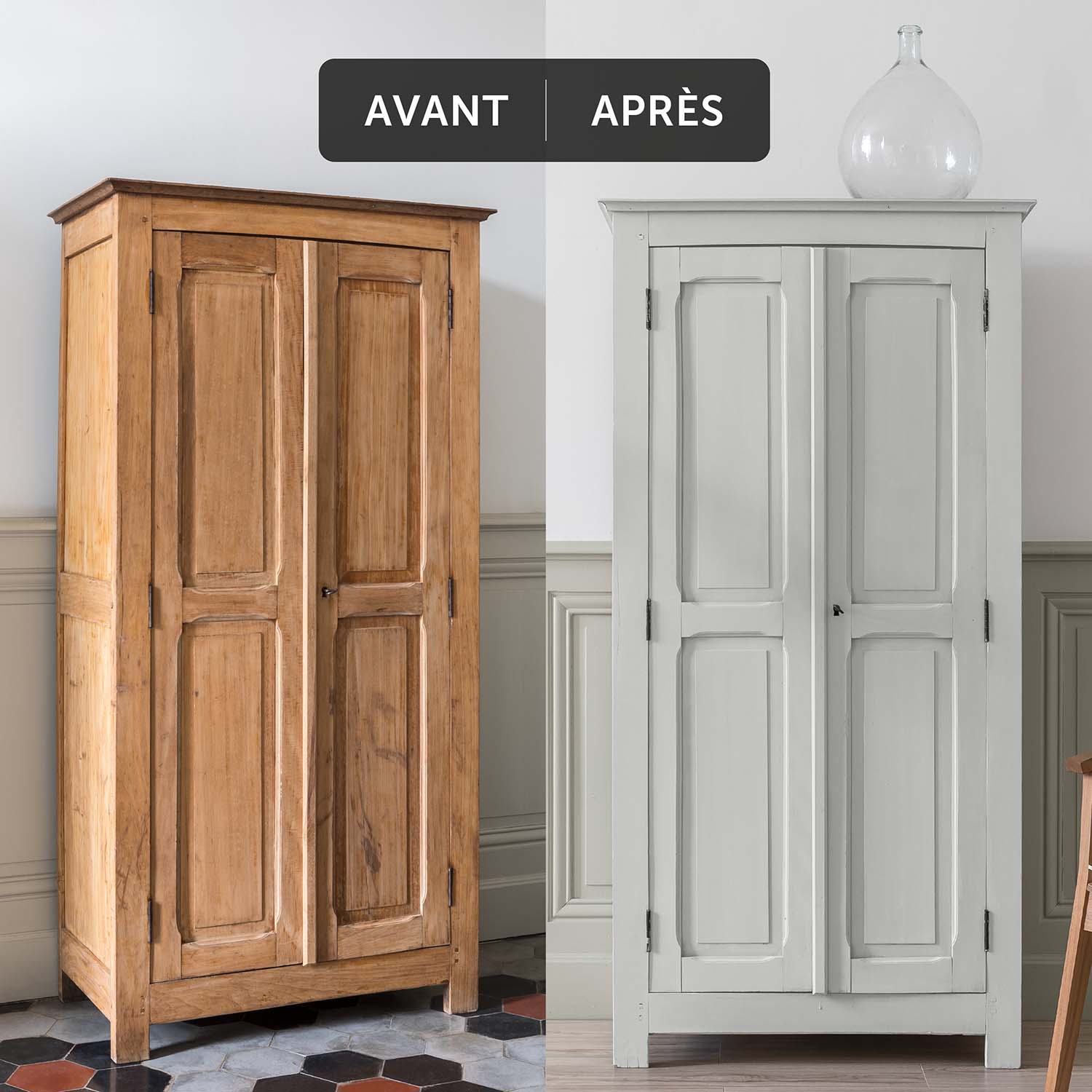 Deux visuels d'un placard avant avoir été peint et après avoir été peint avec la Peinture Mat Meuble Signé Libéron en couleur Gris Perle