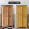 Deux visuels d'un placard avant avoir été peint et après avoir été peint avec la Peinture Mat Meuble Signé Libéron en couleur Miel Ambré