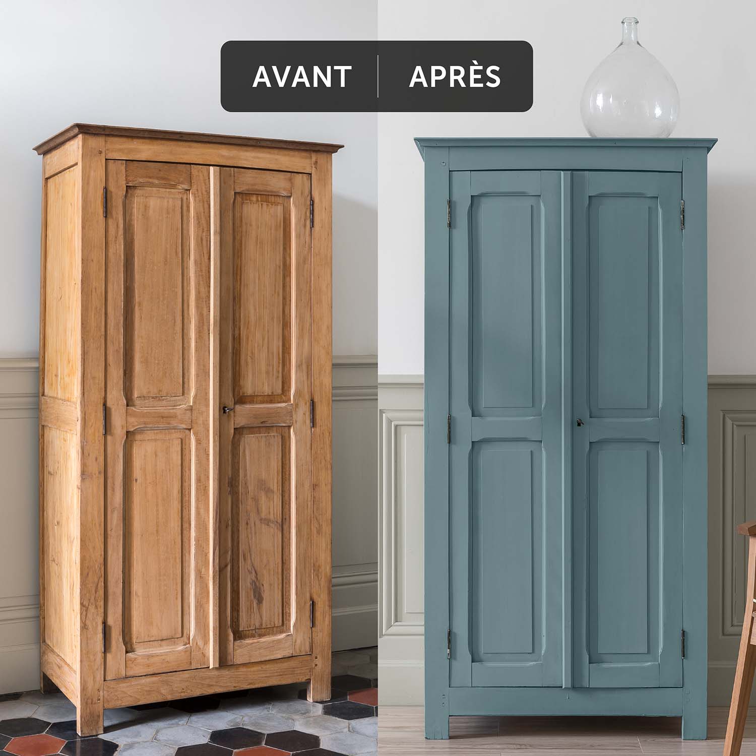 Deux visuels d'un placard avant avoir été peint et après avoir été peint avec la Peinture Mat Meuble Signé Libéron en couleur Nordique