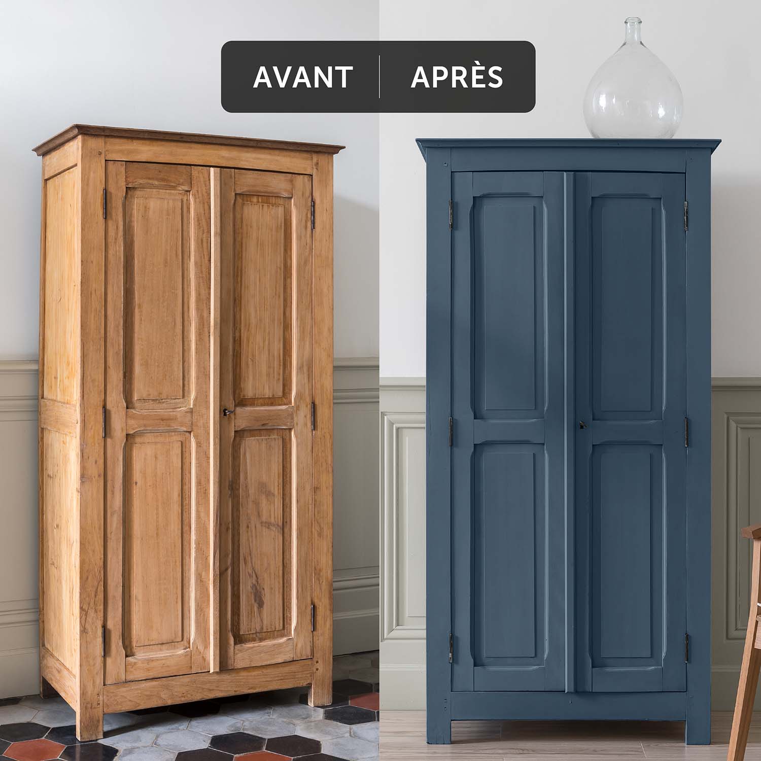 Libéron - Meuble Signé - Peinture Mat Caséine - Avant-Apres - Orage Deux visuels d'un placard avant avoir été peint et après avoir été peint avec la Peinture Mat Meuble Signé Libéron en couleur Orage