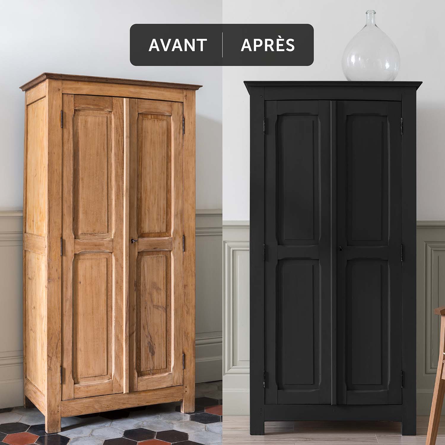 Deux visuels d'un placard avant avoir été peint et après avoir été peint avec la Peinture Mat Meuble Signé Libéron en couleur Queue de Pie