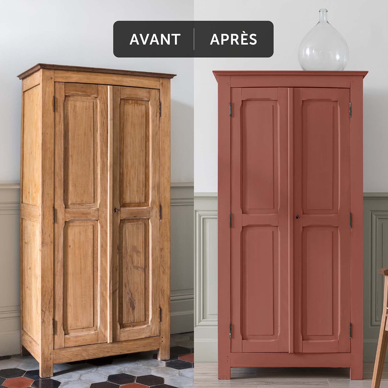 Deux visuels d'un placard avant avoir été peint et après avoir été peint avec la Peinture Mat Meuble Signé Libéron en couleur Rouge Pouzzolane