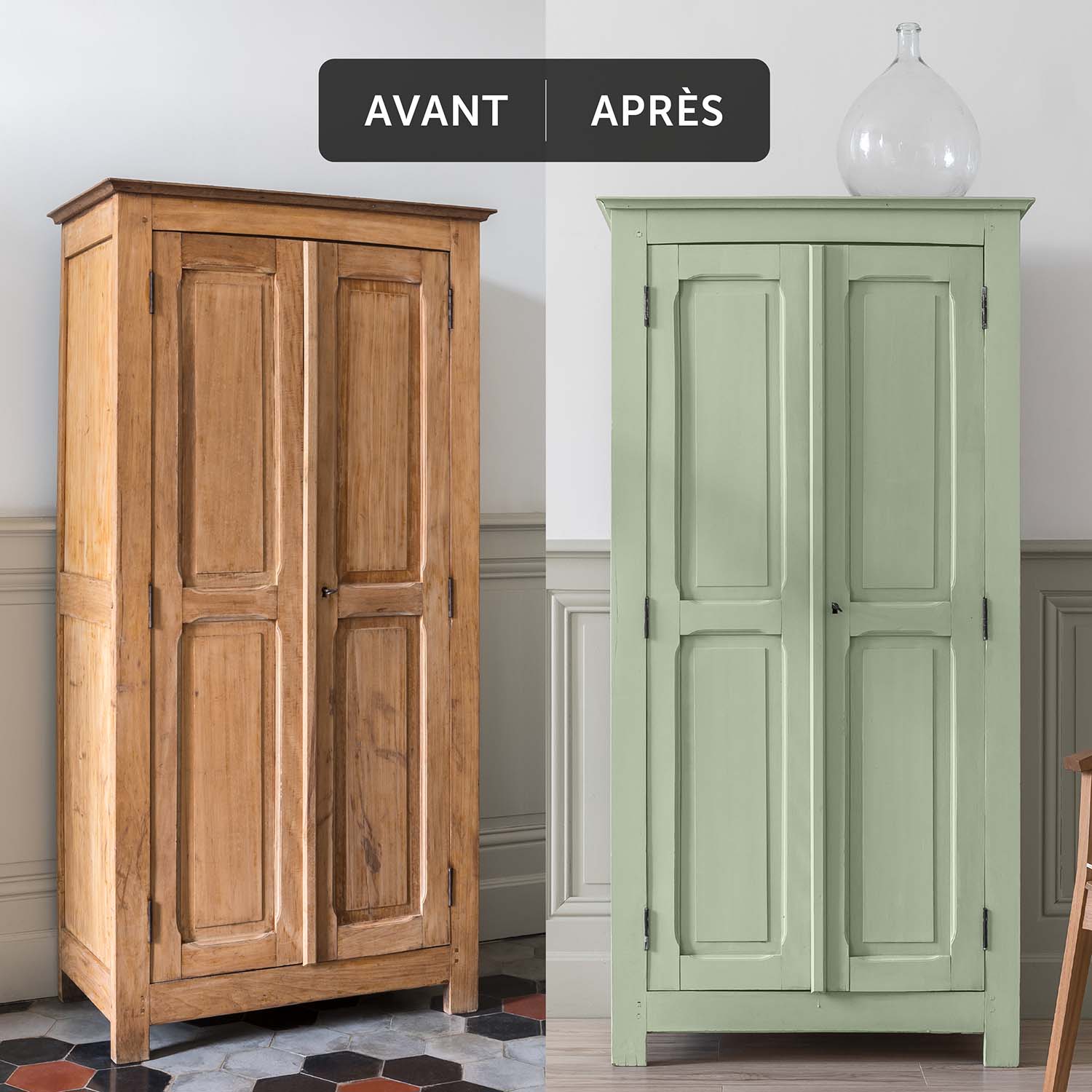 Libéron - Meuble Signé - Peinture Mat Caséine - Avant-Apres - Vert Soie Deux visuels d'un placard avant avoir été peint et après avoir été peint avec la Peinture Mat Meuble Signé Libéron en couleur Vert à Soie