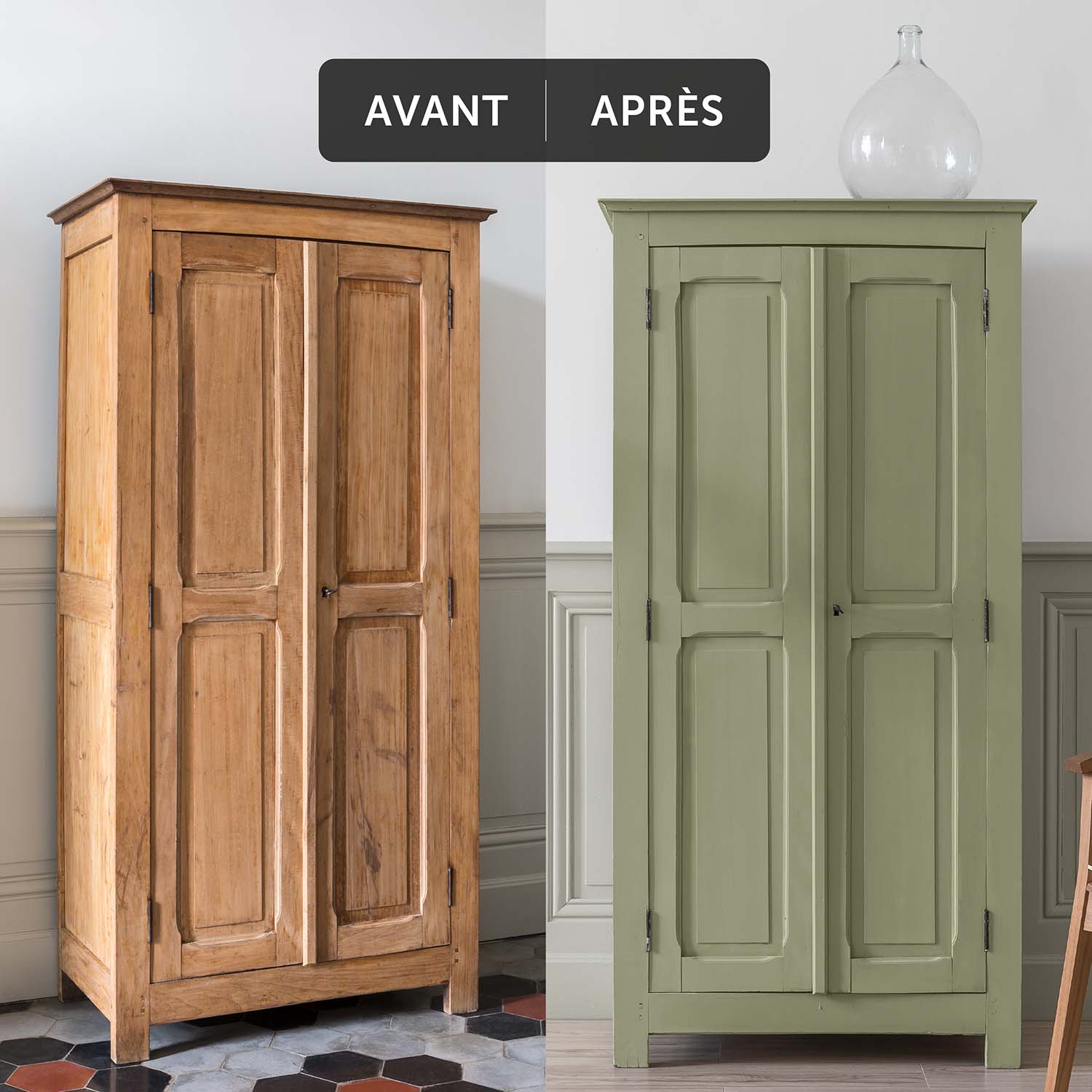 Libéron - Meuble Signé - Peinture Mat Caséine - Avant-Apres - Vert de Gris Deux visuels d'un placard avant avoir été peint et après avoir été peint avec la Peinture Mat Meuble Signé Libéron en couleur Vert de Gris