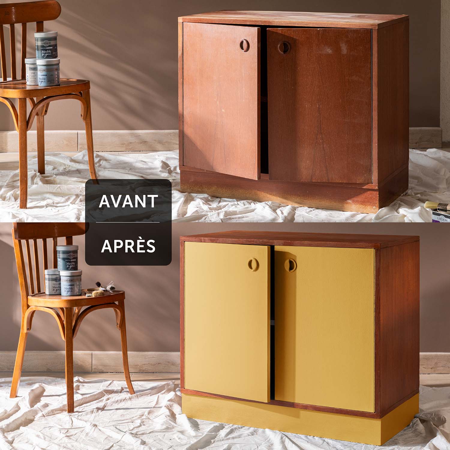Deux visuels d'une commode avant avoir été peinte et après avoir été peinte avec la Peinture Velours Meuble Signé Libéron en couleur Ciré Jaune