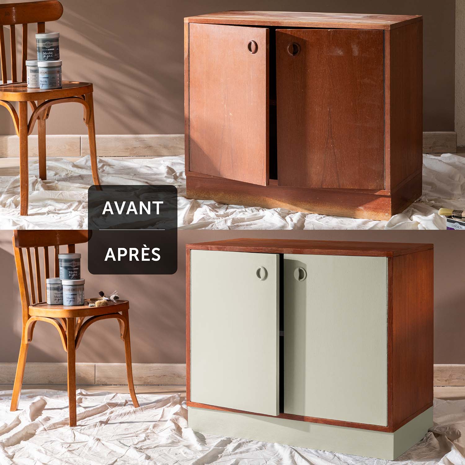 Deux visuels d'une commode avant avoir été peinte et après avoir été peinte avec la Peinture Velours Meuble Signé Libéron en couleur Grège Brut