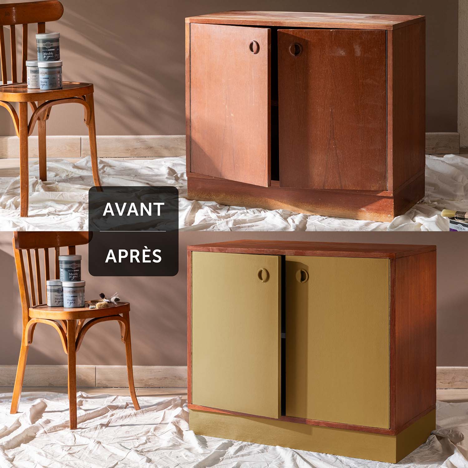 Deux visuels d'une commode avant avoir été peinte et après avoir été peinte avec la Peinture Velours Meuble Signé Libéron en couleur Jaune Kraft