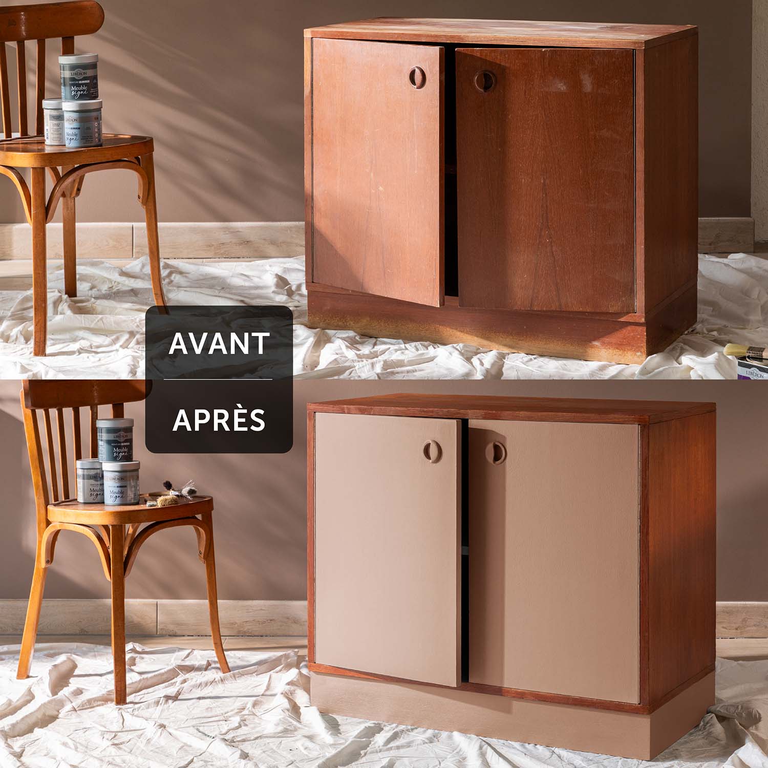 Deux visuels d'une commode avant avoir été peinte et après avoir été peinte avec la Peinture Velours Meuble Signé Libéron en couleur Marbre Rose