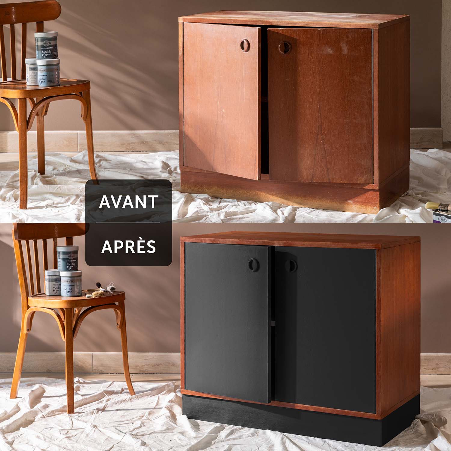 Deux visuels d'une commode avant avoir été peinte et après avoir été peinte avec la Peinture Velours Meuble Signé Libéron en couleur Noir de Lave