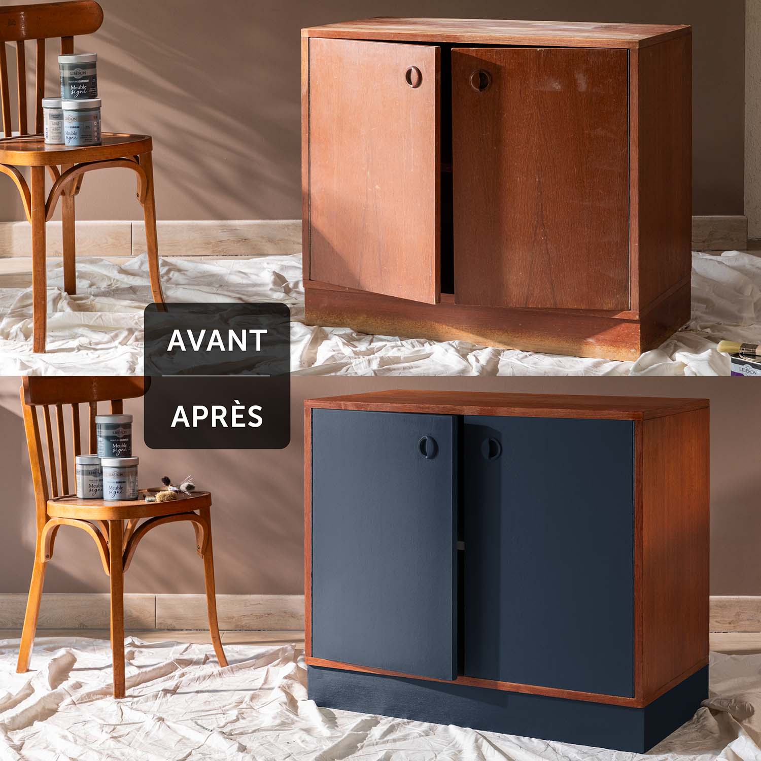Deux visuels d'une commode avant avoir été peinte et après avoir été peinte avec la Peinture Velours Libéron Meuble Signé en couleur Nuit Indigo