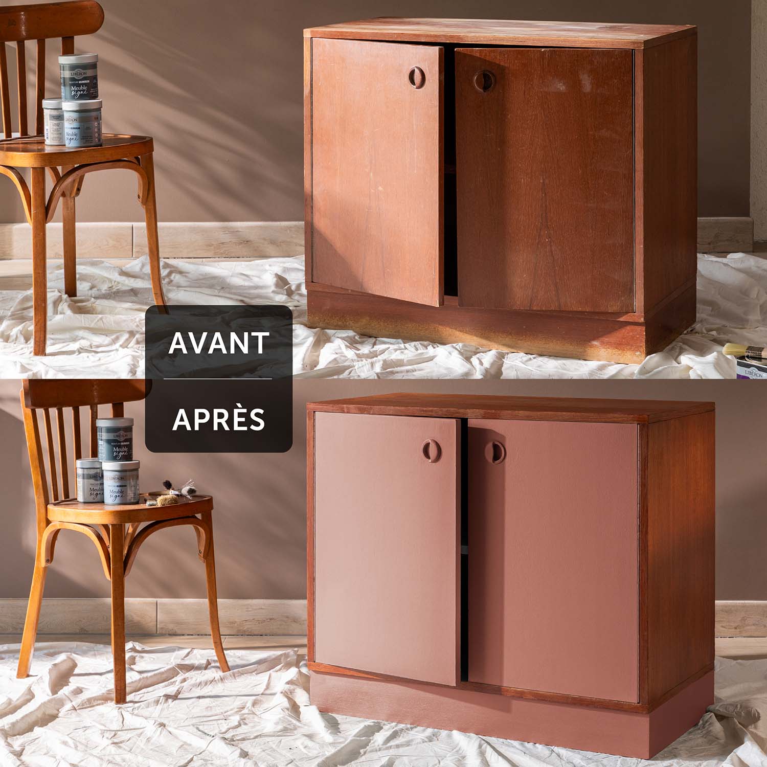 Deux visuels d'une commode avant avoir été peinte et après avoir été peinte avec la Peinture Velours Meuble Signé Libéron en couleur Ocre Terracotta