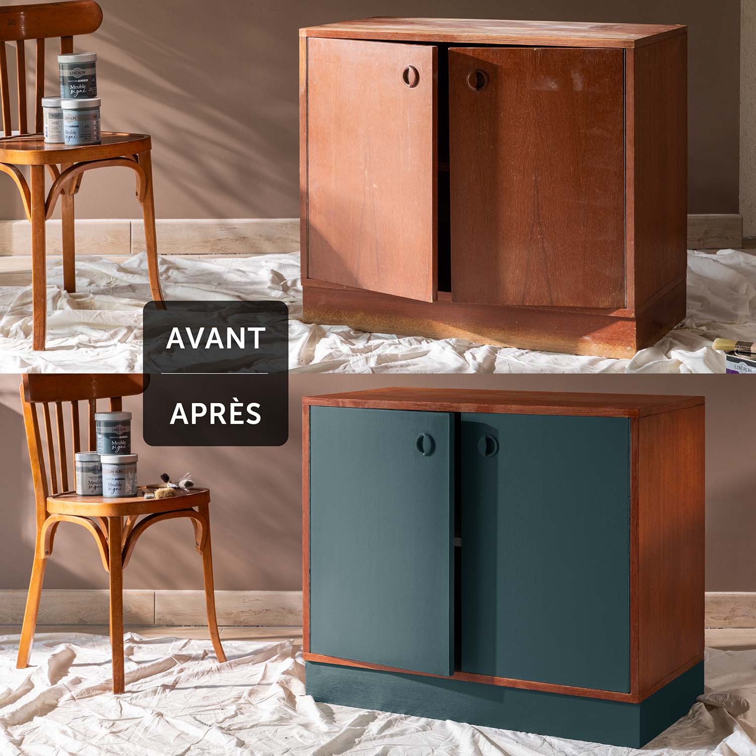 Libéron - Meuble Signé - Peinture Velours - Av-Ap - Vert Abysse Deux visuels d'une commode avant avoir été peinte et après avoir été peinte avec la Peinture Libéron Velours Meuble Signé en couleur Vert Abysses