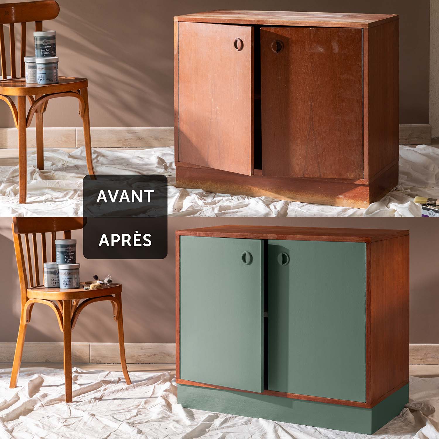 Deux visuels d'une commode avant avoir été peinte et après avoir été peinte avec la Peinture Velours Meuble Signé Libéron en couleur Vert Cendré