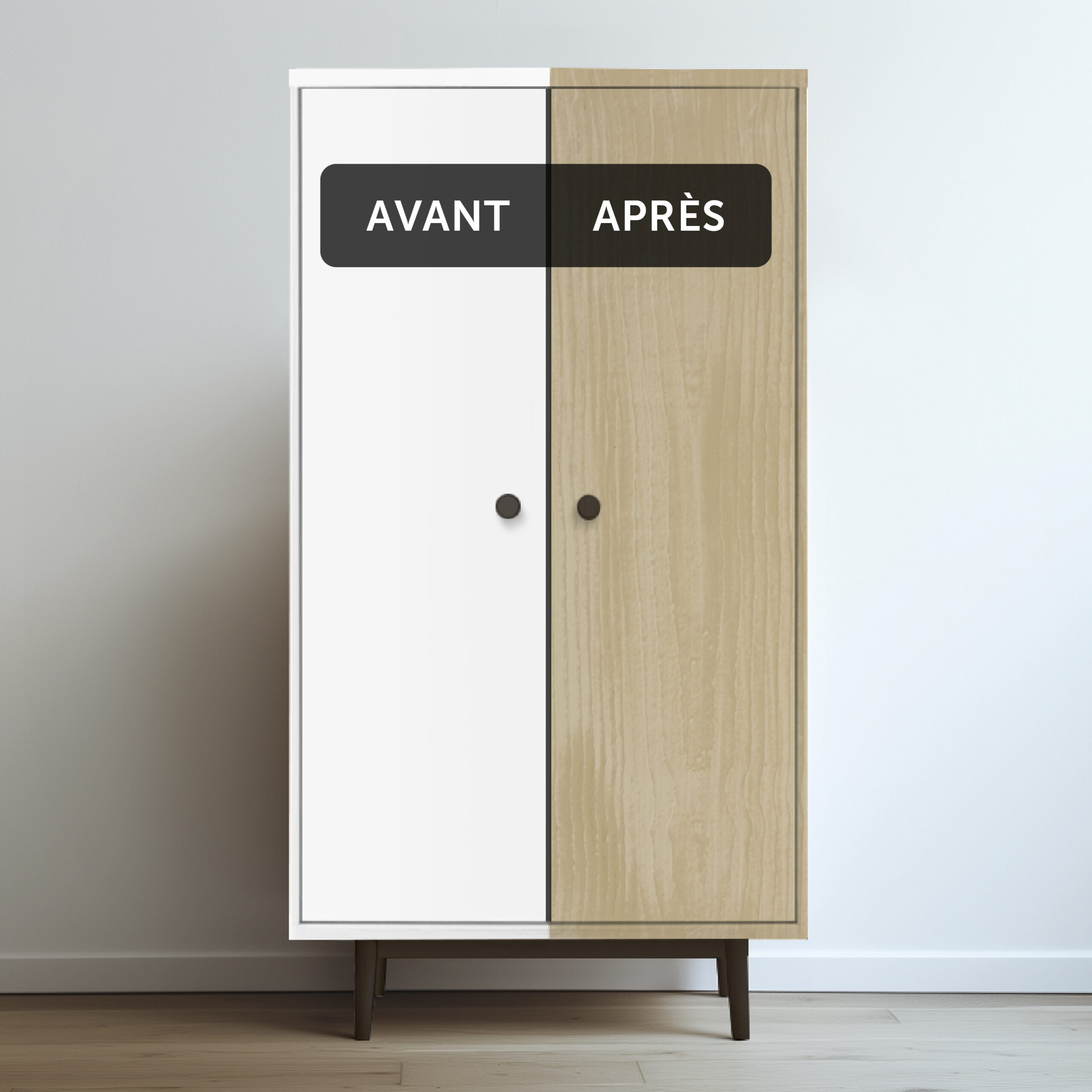 Deux visuels d'une armoire avant avoir été peinte et après avoir été peinte avec la Peinture Libéron Effet Bois de la gamme Meuble Signé en teinte Bouleau